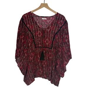 Maurices Peasant Top Womens Plus 2X Red Floral Metallic Tassel Fairy Cottage